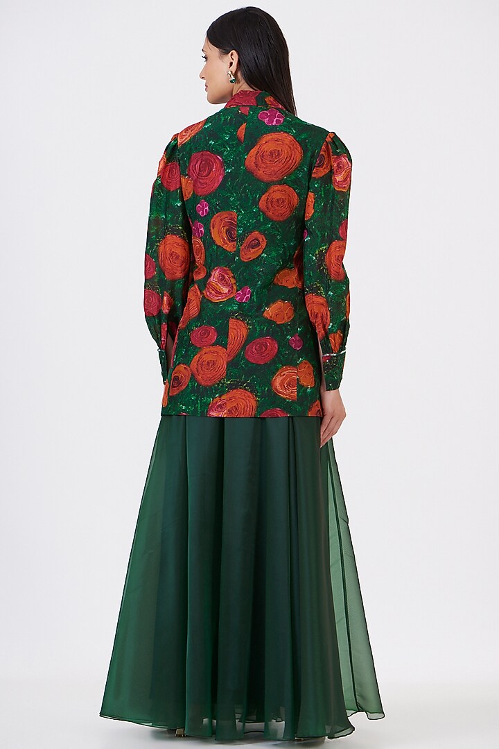 Green Upada Silk Floral Hand Painted Jacket Set by Breathe By Aakanksha Singh at Pernia's Pop Up Shop