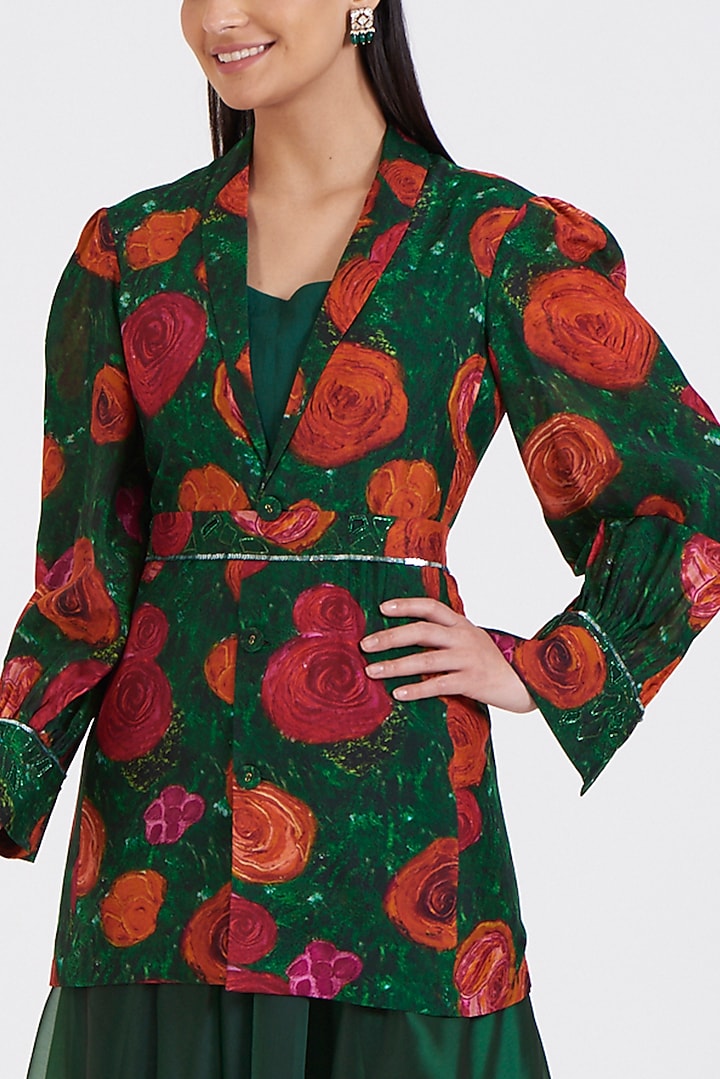 Green Upada Silk Floral Hand Painted Jacket Set by Breathe By Aakanksha Singh at Pernia's Pop Up Shop