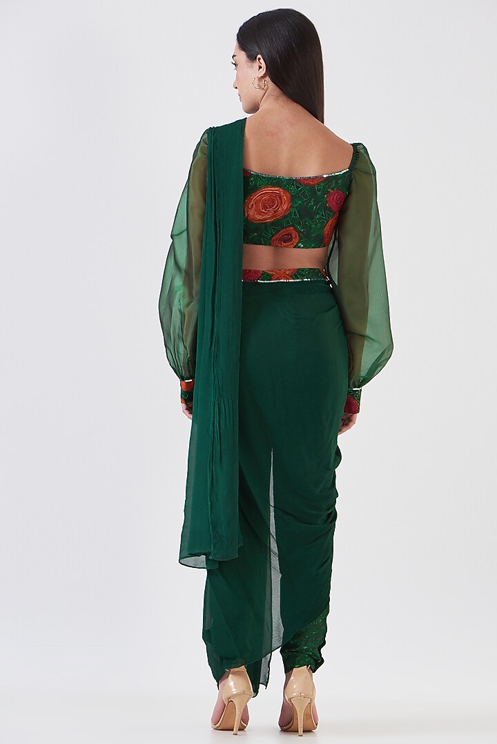 Green Upada Silk Draped Pant Party Wear Saree Set by Breathe By Aakanksha Singh at Pernia's Pop Up Shop