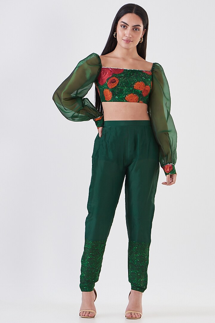 Green Upada Silk Draped Pant Party Wear Saree Set by Breathe By Aakanksha Singh at Pernia's Pop Up Shop
