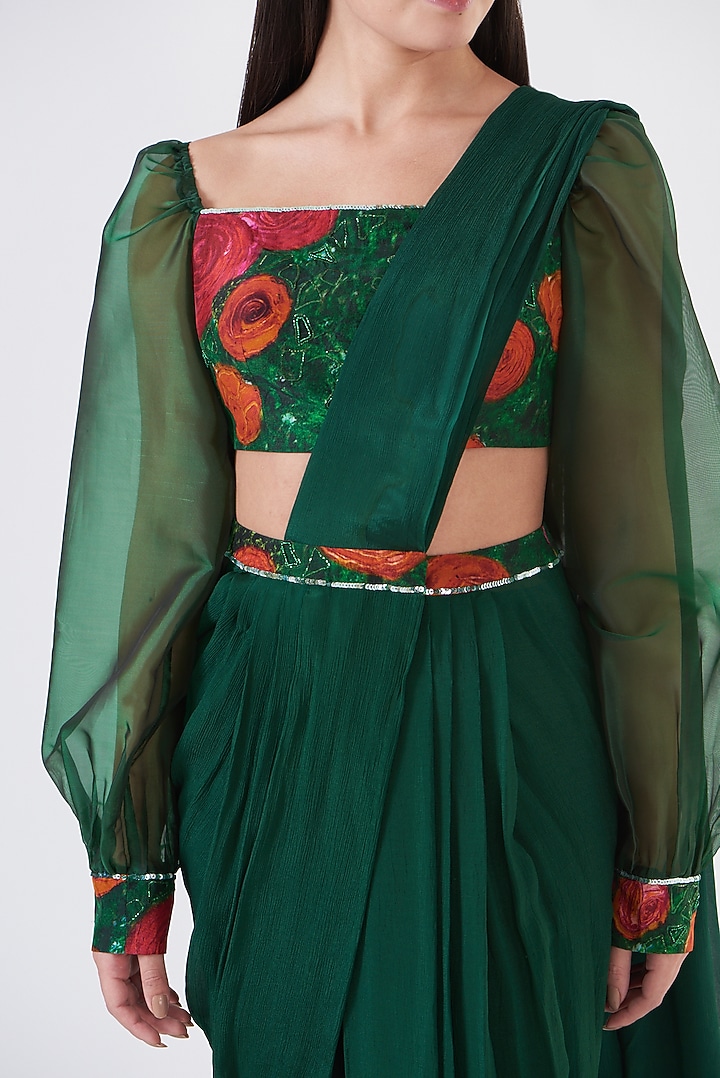 Green Upada Silk Draped Pant Party Wear Saree Set by Breathe By Aakanksha Singh at Pernia's Pop Up Shop