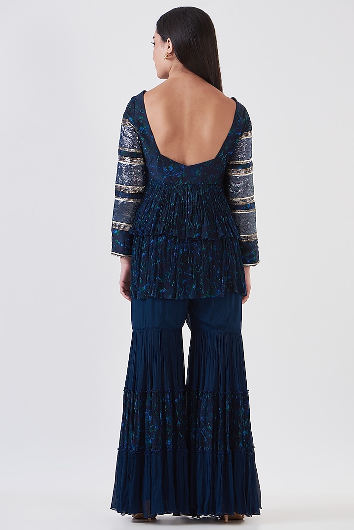 Navy Blue Chinon Tiered Wedding Sharara Set by Breathe By Aakanksha Singh at Pernia's Pop Up Shop