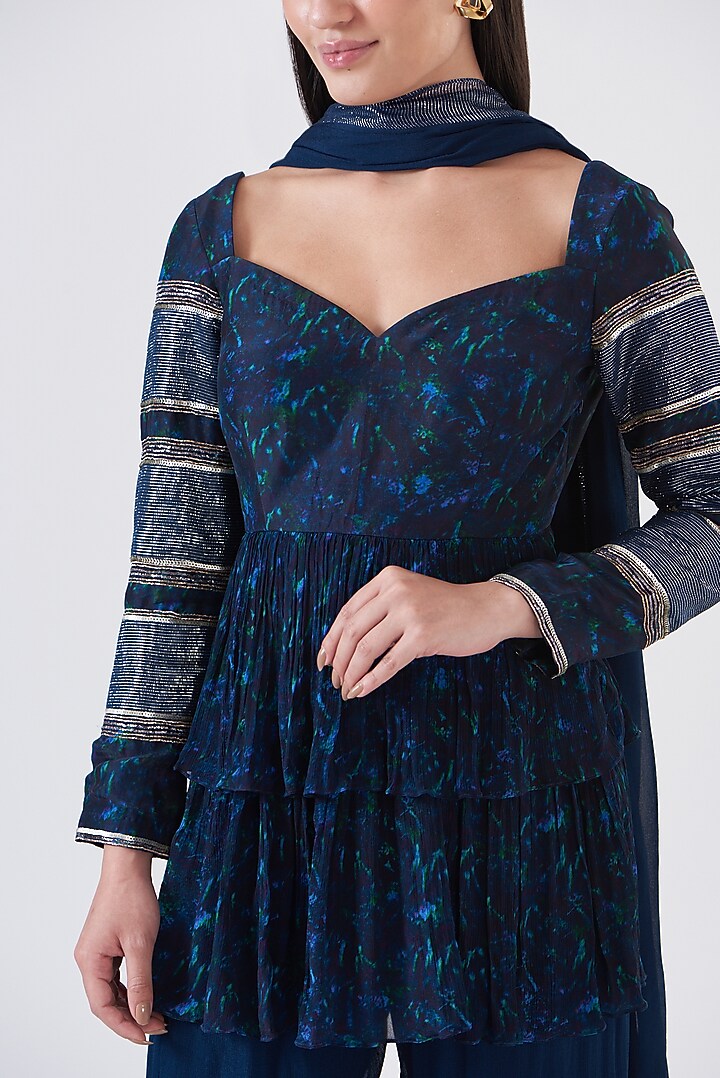 Navy Blue Chinon Tiered Wedding Sharara Set by Breathe By Aakanksha Singh at Pernia's Pop Up Shop