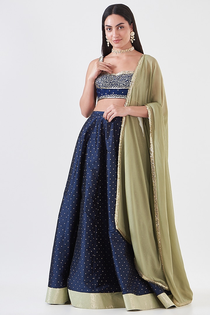 Navy Blue Brocade Silk Wedding Lehenga Set by Breathe By Aakanksha Singh at Pernia's Pop Up Shop