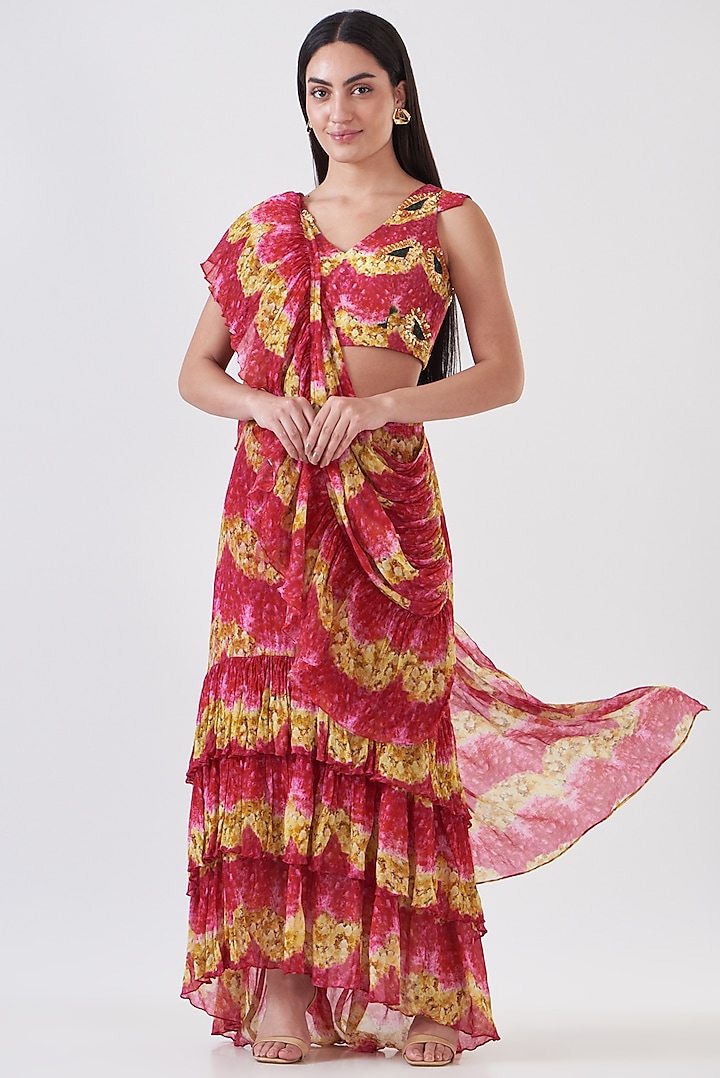 Pink Chinon Floral Hand Painted Ruffled Skirt Saree Set by Breathe By Aakanksha Singh