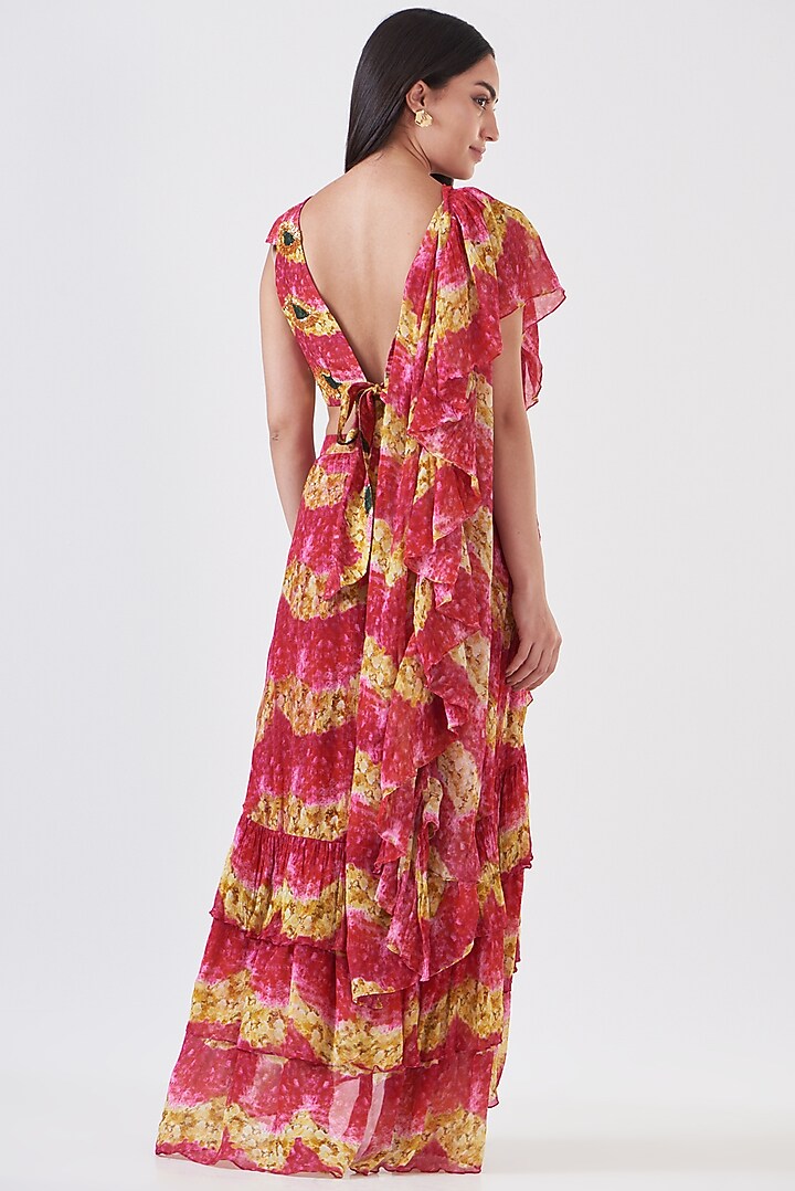 Pink Chinon Floral Hand Painted Ruffled Skirt Wedding Saree Set by Breathe By Aakanksha Singh at Pernia's Pop Up Shop