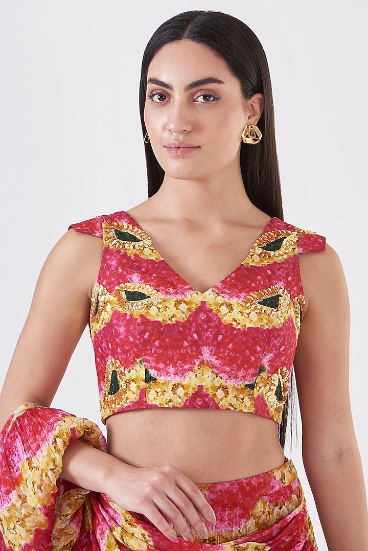 Pink Chinon Floral Hand Painted Ruffled Skirt Wedding Saree Set by Breathe By Aakanksha Singh at Pernia's Pop Up Shop