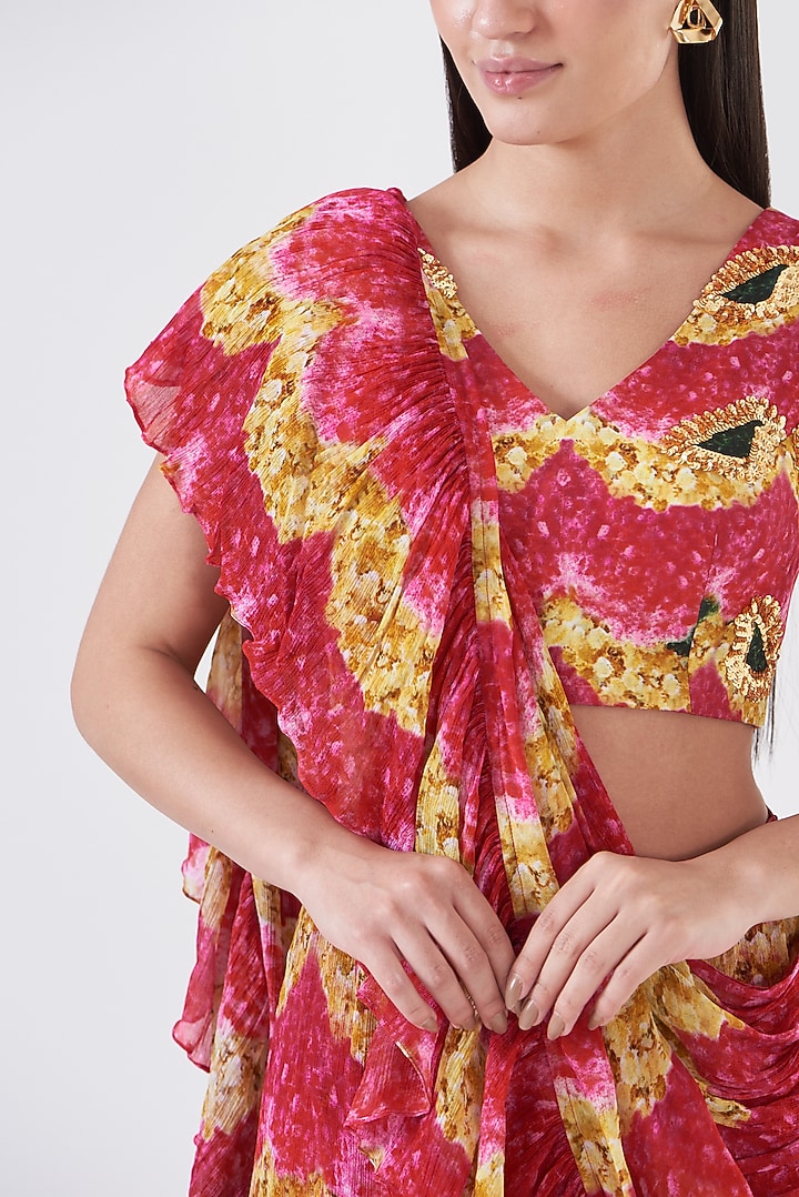 Pink Chinon Floral Hand Painted Ruffled Skirt Wedding Saree Set by Breathe By Aakanksha Singh at Pernia's Pop Up Shop
