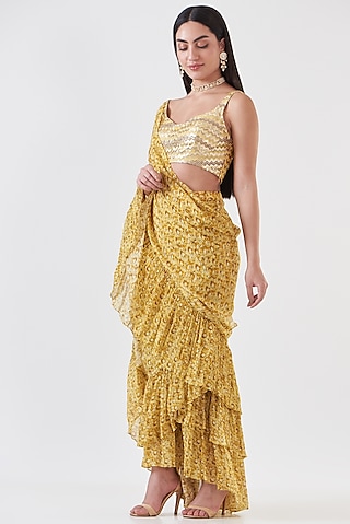 Yellow Chinon Floral Hand Painted Ruffled Skirt Saree Set by Breathe By Aakanksha Singh