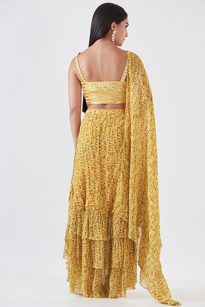 Yellow Chinon Floral Hand Painted Ruffled Skirt Wedding Saree Set by Breathe By Aakanksha Singh at Pernia's Pop Up Shop