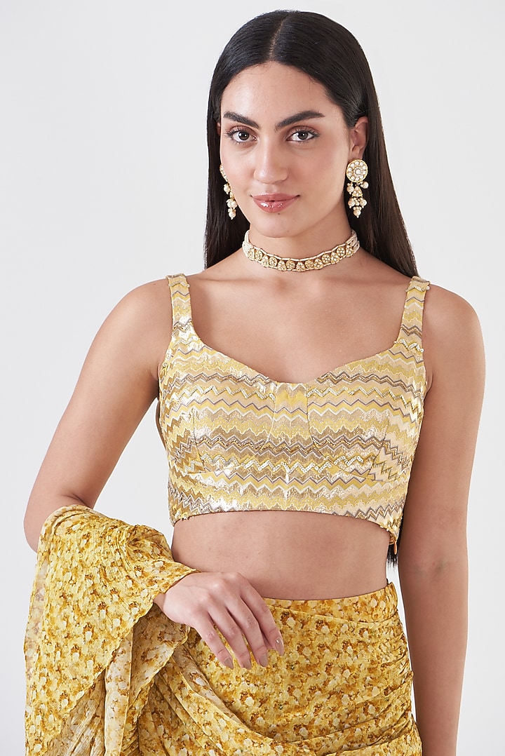 Yellow Chinon Floral Hand Painted Ruffled Skirt Wedding Saree Set by Breathe By Aakanksha Singh at Pernia's Pop Up Shop