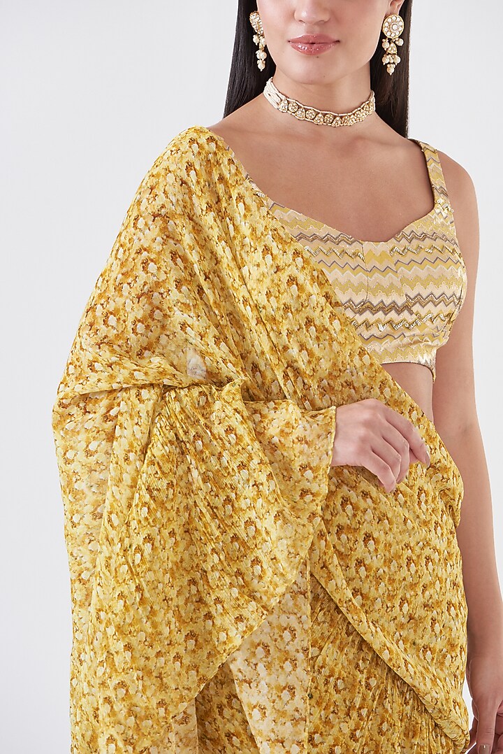 Yellow Chinon Floral Hand Painted Ruffled Skirt Wedding Saree Set by Breathe By Aakanksha Singh at Pernia's Pop Up Shop
