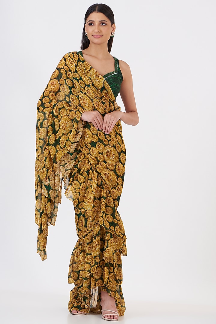 Yellow Chinon Floral Hand Painted Ruffled Skirt Saree Set by Breathe By Aakanksha Singh at Pernia's Pop Up Shop