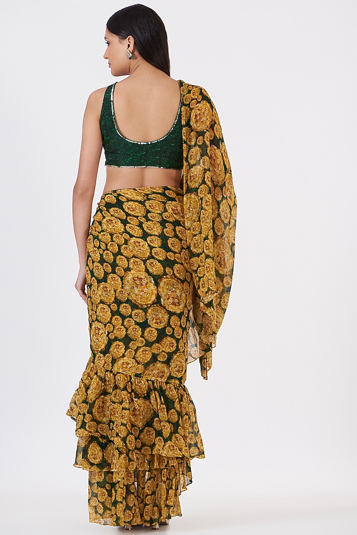 Yellow Chinon Floral Hand Painted Ruffled Skirt Wedding Saree Set by Breathe By Aakanksha Singh at Pernia's Pop Up Shop