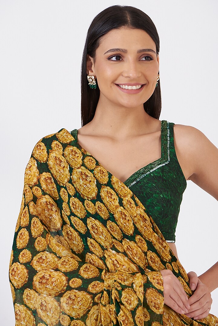 Yellow Chinon Floral Hand Painted Ruffled Skirt Wedding Saree Set by Breathe By Aakanksha Singh at Pernia's Pop Up Shop
