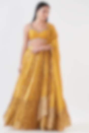 Mustard Shimmer Georgette Embroidered & Hand Painted Paneled Lehenga Set by Breathe By Aakanksha Singh