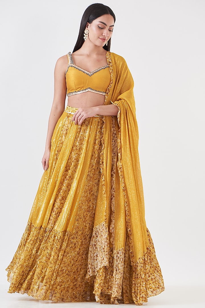 Mustard Shimmer Georgette Embroidered & Hand Painted Paneled Lehenga Set by Breathe By Aakanksha Singh