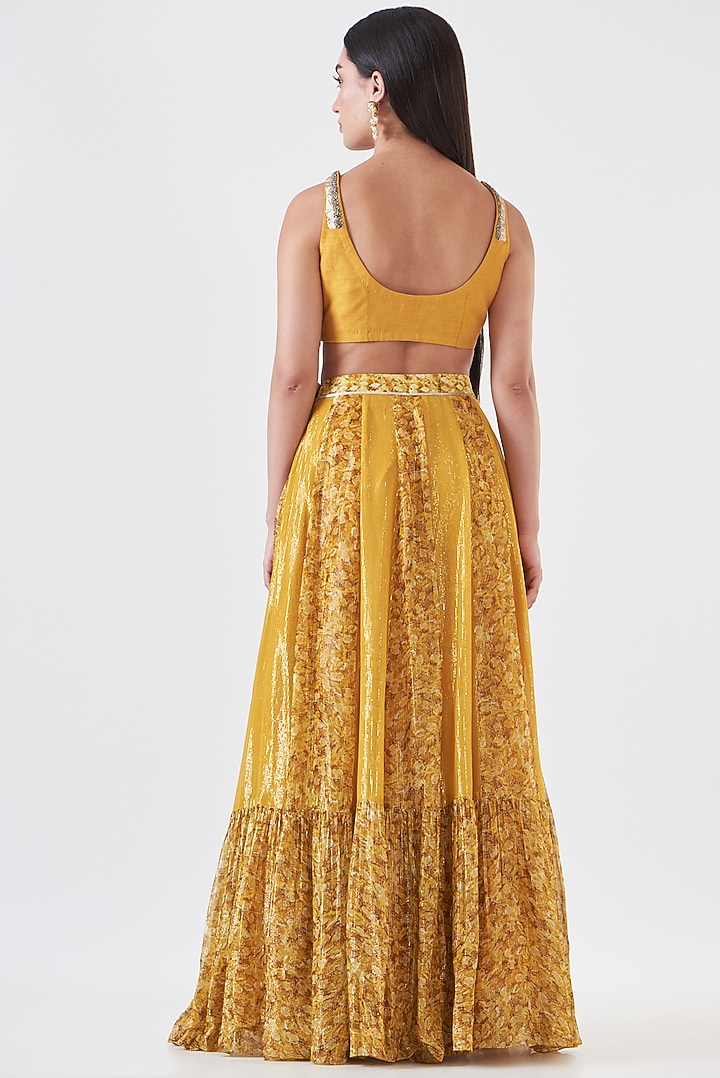 Mustard Shimmer Georgette Embroidered & Hand Painted Paneled Wedding Lehenga Set by Breathe By Aakanksha Singh at Pernia's Pop Up Shop