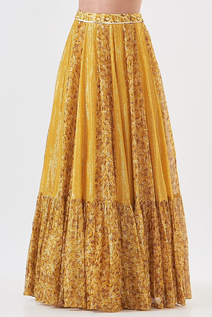 Mustard Shimmer Georgette Embroidered & Hand Painted Paneled Wedding Lehenga Set by Breathe By Aakanksha Singh at Pernia's Pop Up Shop