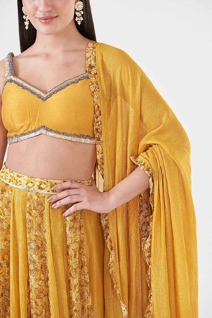 Mustard Shimmer Georgette Embroidered & Hand Painted Paneled Wedding Lehenga Set by Breathe By Aakanksha Singh at Pernia's Pop Up Shop