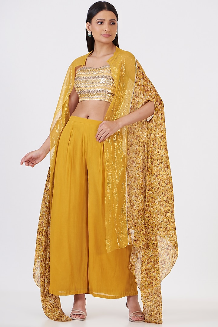 Mustard Chinon & Shimmer Georgette Hand Painted Jacket Set by Breathe By Aakanksha Singh at Pernia's Pop Up Shop