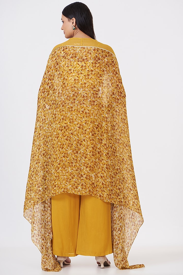 Mustard Chinon & Shimmer Georgette Hand Painted Jacket Set by Breathe By Aakanksha Singh at Pernia's Pop Up Shop