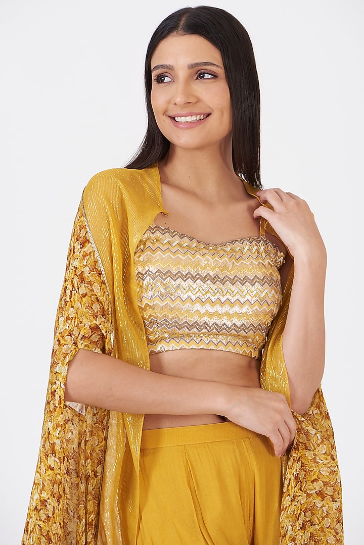 Mustard Chinon & Shimmer Georgette Hand Painted Jacket Set by Breathe By Aakanksha Singh at Pernia's Pop Up Shop