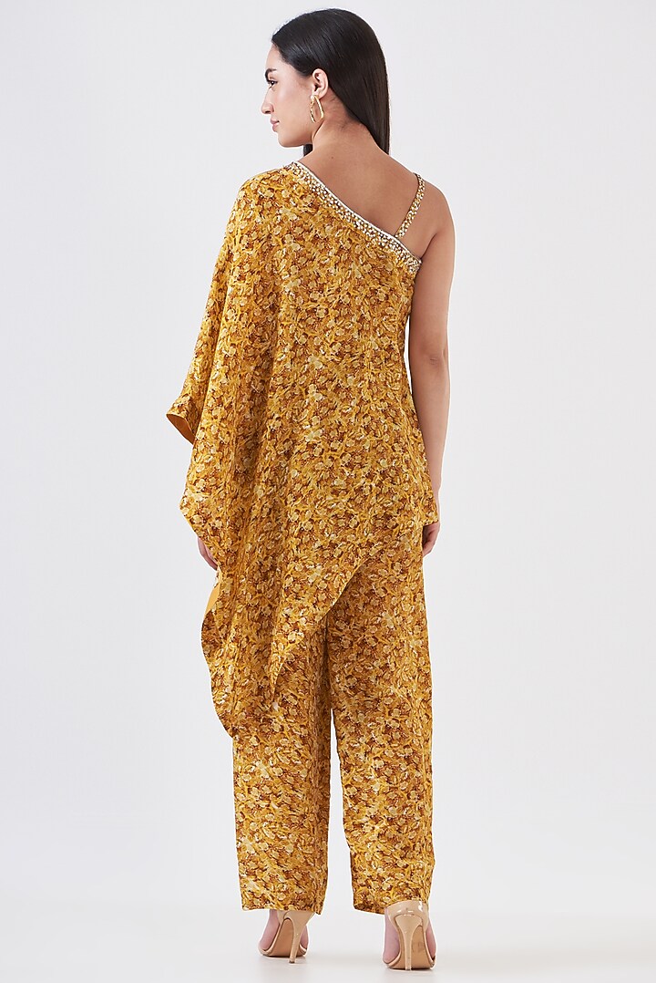 Mustard Upada Silk Hand Painted Kaftan Set by Breathe By Aakanksha Singh at Pernia's Pop Up Shop