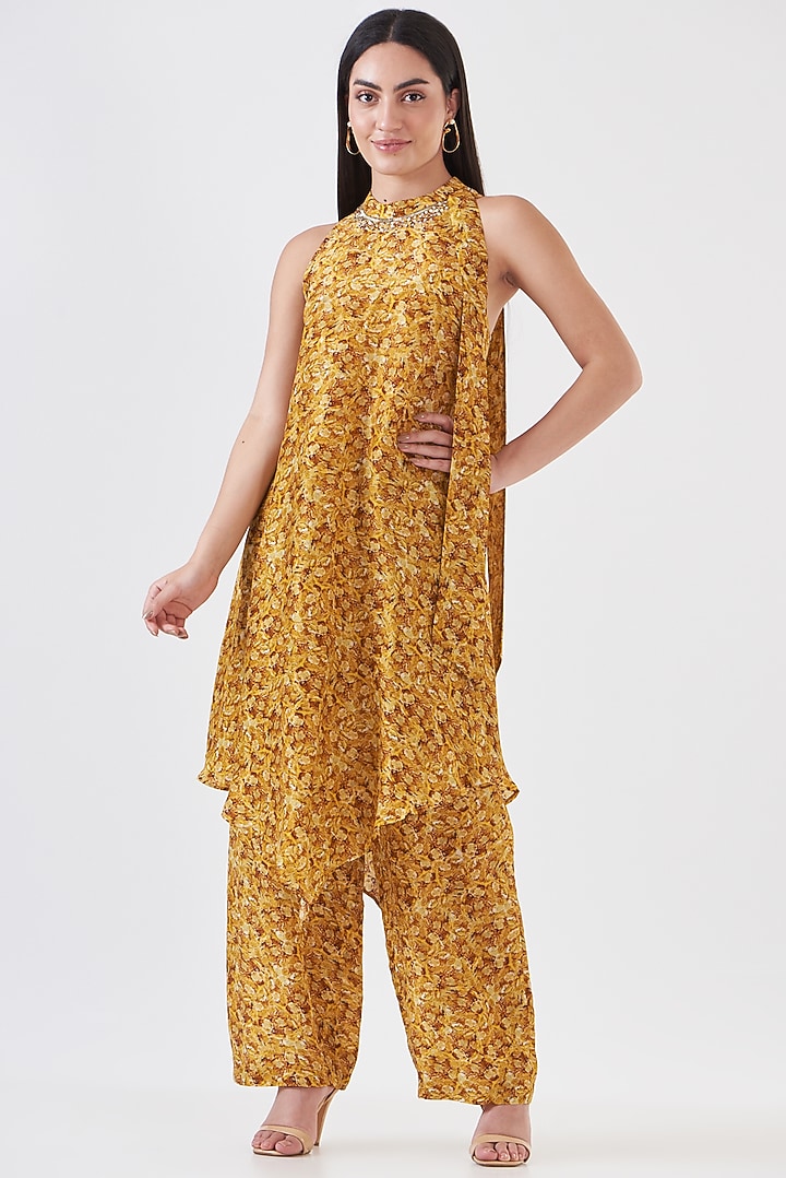Mustard Upada Silk Hand Painted Tunic Set by Breathe By Aakanksha Singh at Pernia's Pop Up Shop