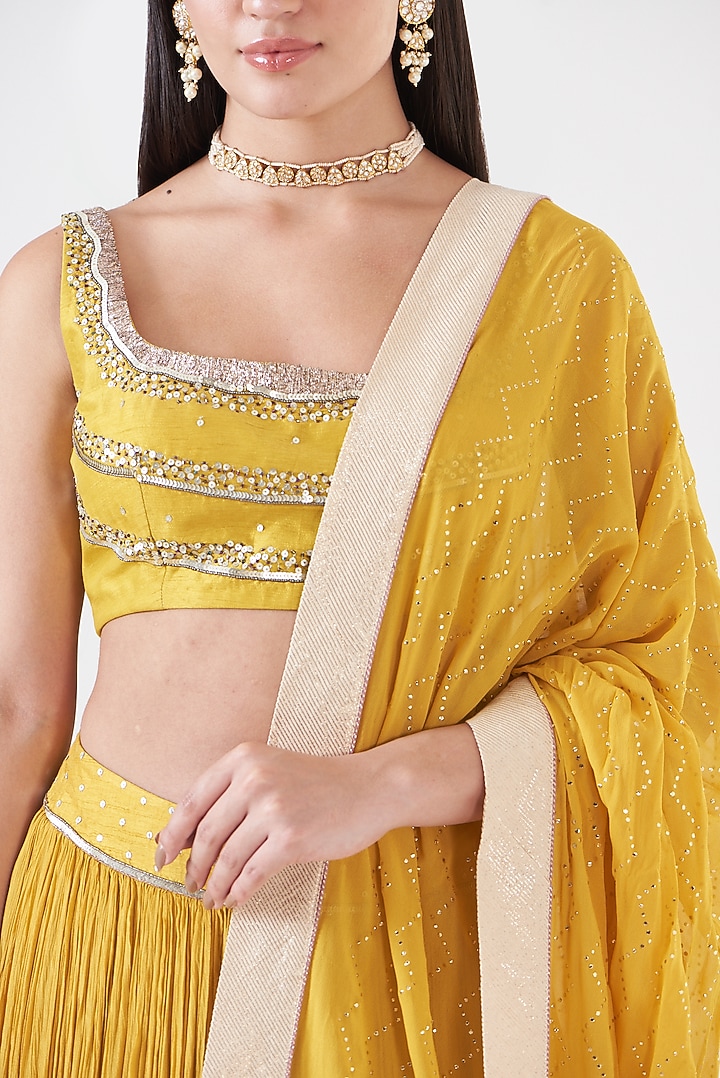Mustard Chinon Embellished Wedding Lehenga Set by Breathe By Aakanksha Singh at Pernia's Pop Up Shop