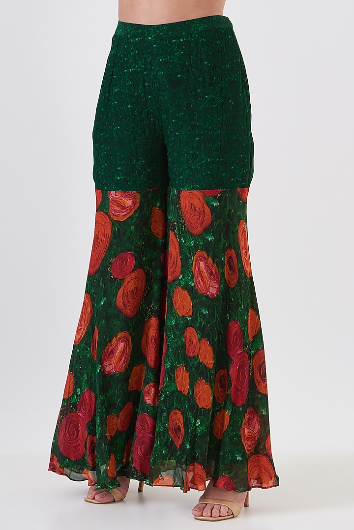 Green Upada Silk & Chinon Hand Painted Party Wear Sharara Set by Breathe By Aakanksha Singh at Pernia's Pop Up Shop
