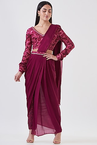 Purple & Pink Upada Silk Draped Pant Saree Set by Breathe By Aakanksha Singh