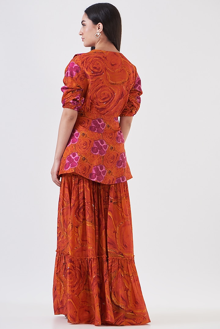 Orange & Pink Upada Silk Hand Painted Party Wear Sharara Set by Breathe By Aakanksha Singh at Pernia's Pop Up Shop