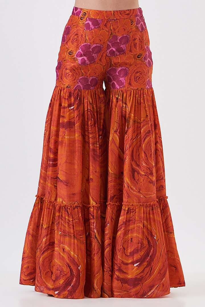 Orange & Pink Upada Silk Hand Painted Party Wear Sharara Set by Breathe By Aakanksha Singh at Pernia's Pop Up Shop