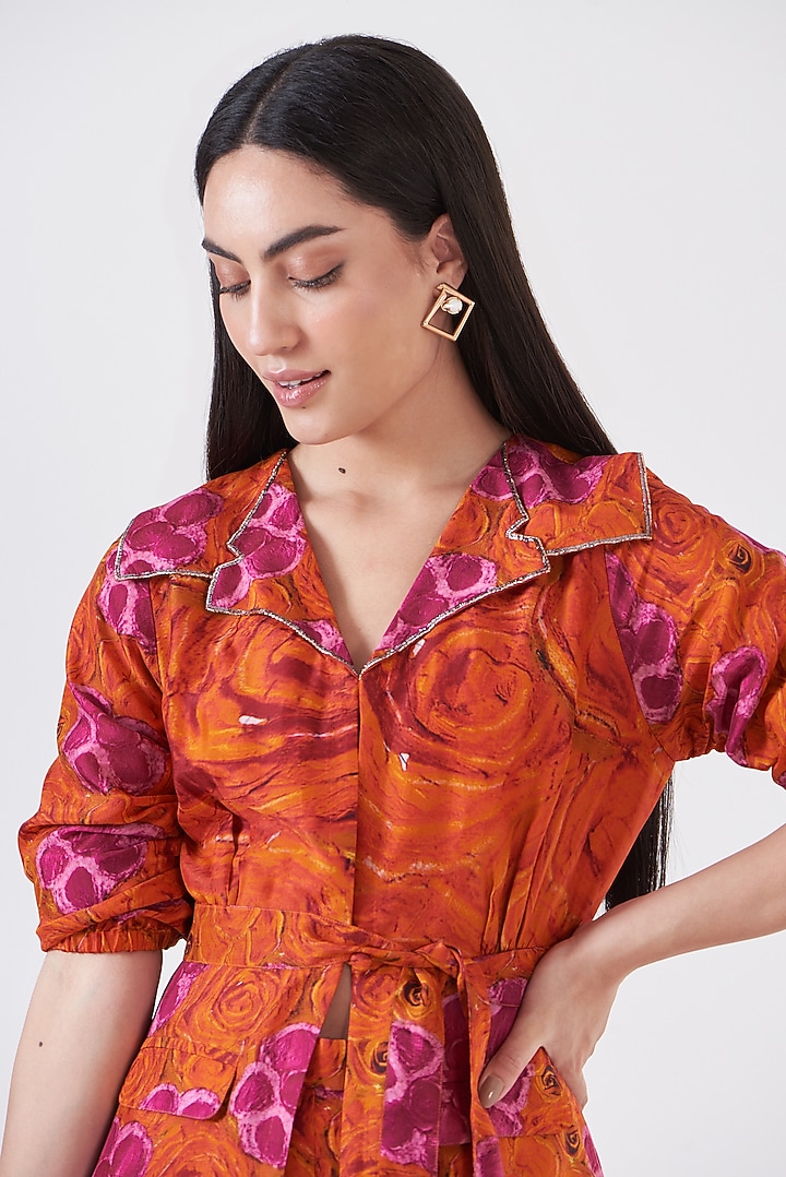 Orange & Pink Upada Silk Hand Painted Party Wear Sharara Set by Breathe By Aakanksha Singh at Pernia's Pop Up Shop