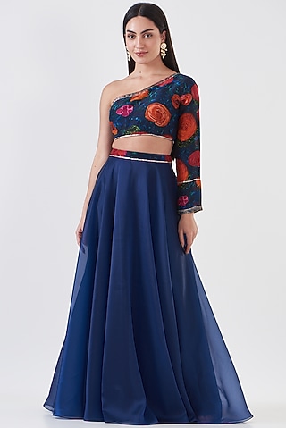 Navy Blue Organza Lehenga Set by Breathe By Aakanksha Singh