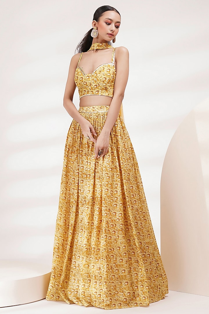 Yellow Silk Floral Hand Painted Wedding Lehenga Set by Breathe By Aakanksha Singh at Pernia's Pop Up Shop