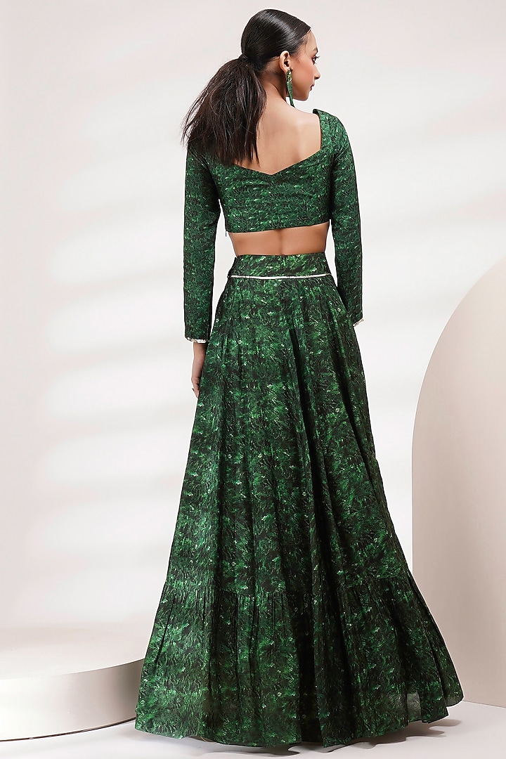 Green Upada Silk & Cotton Voile Hand Painted Wedding Lehenga Set by Breathe By Aakanksha Singh at Pernia's Pop Up Shop