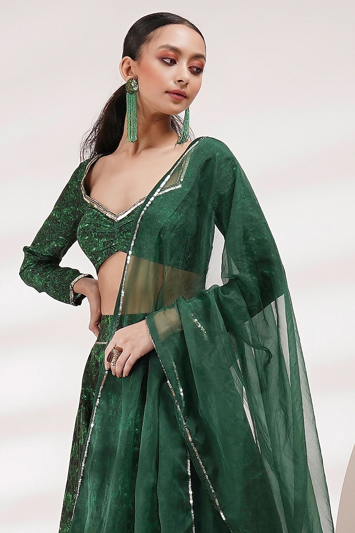 Green Upada Silk & Cotton Voile Hand Painted Wedding Lehenga Set by Breathe By Aakanksha Singh at Pernia's Pop Up Shop