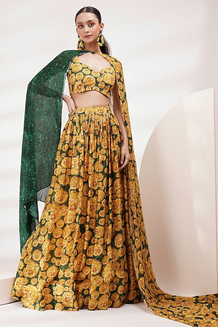 Green Cotton Voile Hand Painted & Floral Printed Lehenga Set by Breathe By Aakanksha Singh
