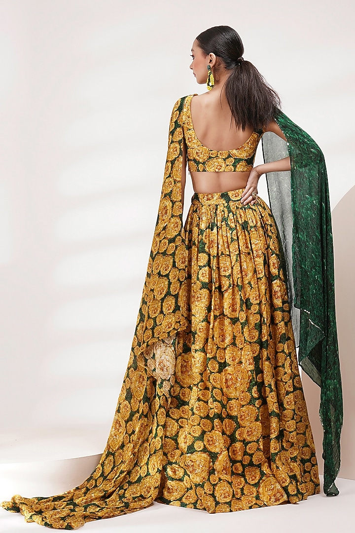 Green Cotton Voile Hand Painted & Floral Printed Wedding Lehenga Set by Breathe By Aakanksha Singh at Pernia's Pop Up Shop