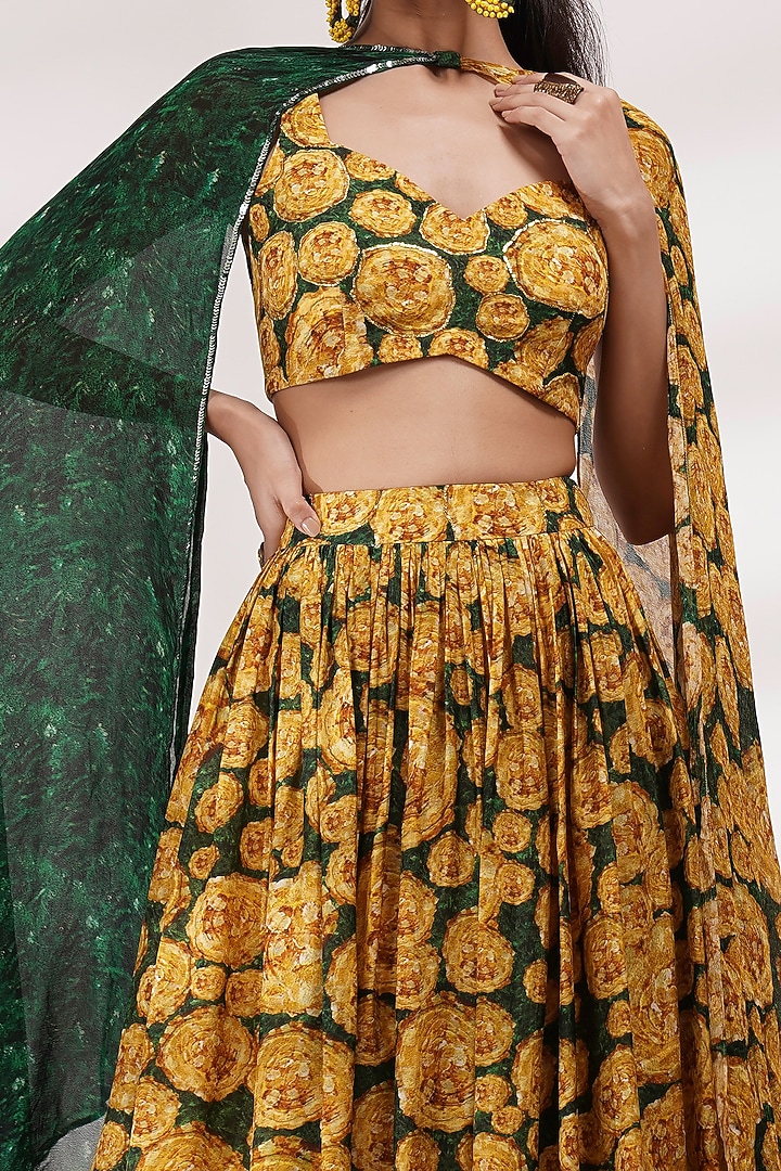 Green Cotton Voile Hand Painted & Floral Printed Wedding Lehenga Set by Breathe By Aakanksha Singh at Pernia's Pop Up Shop