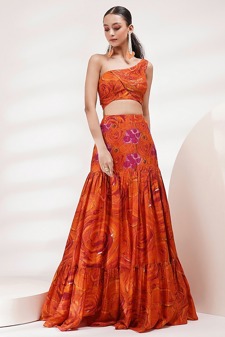Orange Upada Silk Skirt Set by Breathe By Aakanksha Singh