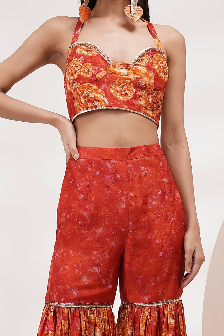 Coral Orange Upada Silk Wedding Sharara Set by Breathe By Aakanksha Singh at Pernia's Pop Up Shop