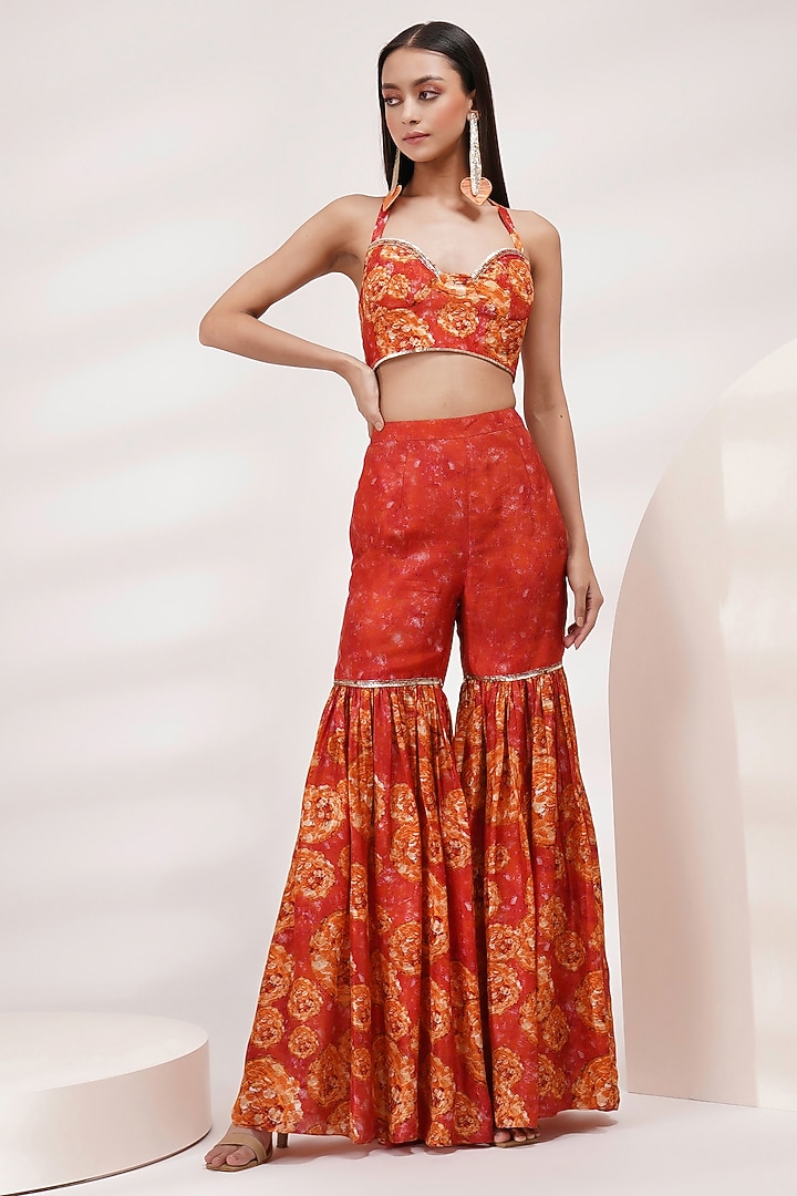 Coral Orange Upada Silk Wedding Sharara Set by Breathe By Aakanksha Singh at Pernia's Pop Up Shop