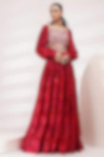 Red Upada Silk & Cotton Voile Hand Painted Wedding Lehenga Set by Breathe By Aakanksha Singh at Pernia's Pop Up Shop