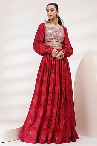 Red Upada Silk & Cotton Voile Hand Painted Lehenga Set by Breathe By Aakanksha Singh