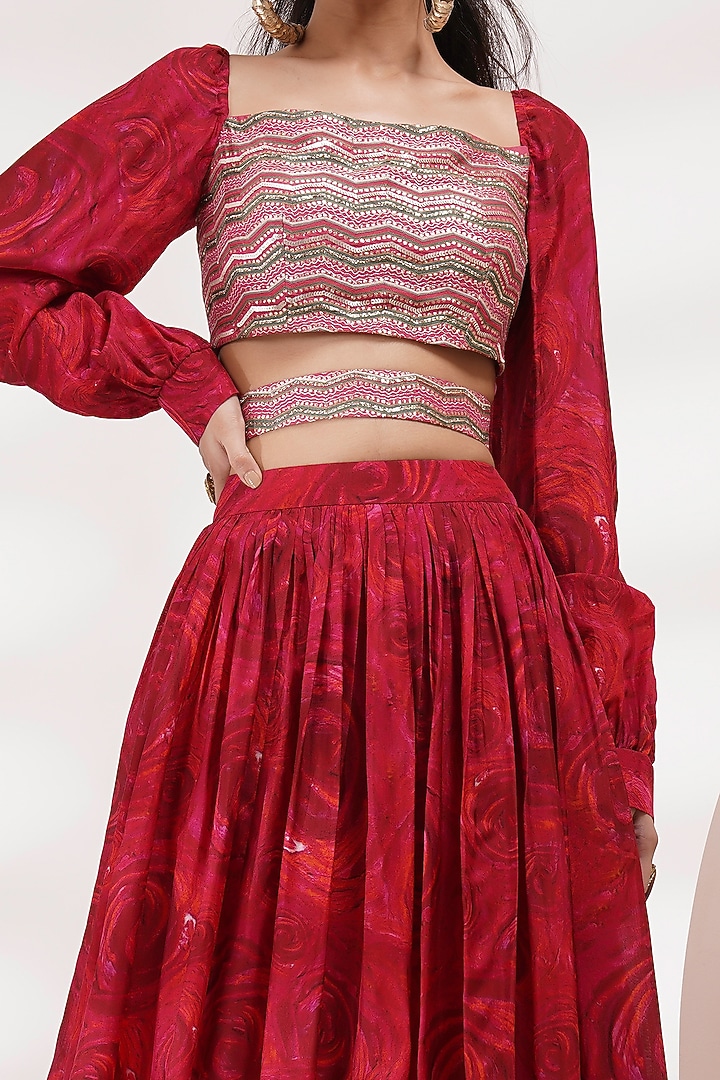 Red Upada Silk & Cotton Voile Hand Painted Wedding Lehenga Set by Breathe By Aakanksha Singh at Pernia's Pop Up Shop