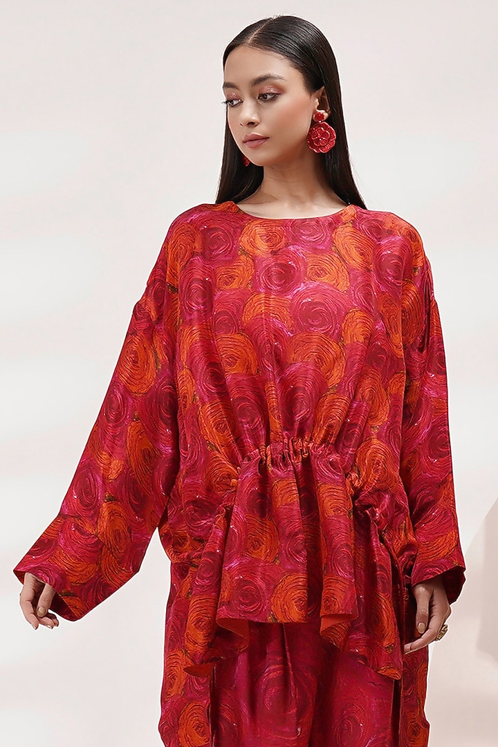 Red-Orange Upada Silk Handpainted Co-Ord Set by Breathe By Aakanksha Singh at Pernia's Pop Up Shop
