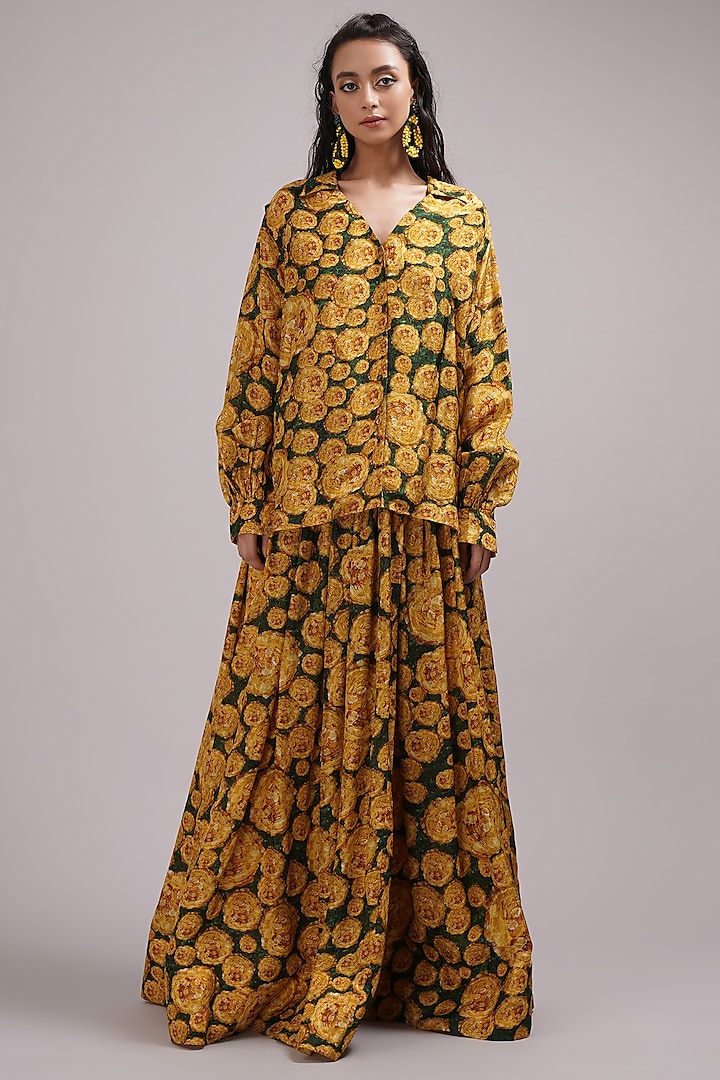 Yellow-Green Upada Silk & Cotton Voile Floral Printed Skirt Set by Breathe By Aakanksha Singh